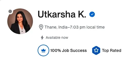 Utkarsha Kupte Upwork profile: identity verified, 100% Job Success, Top Rated