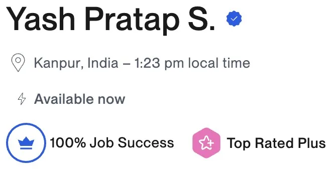 Yash Pratap Singh Upwork profile showing verified badges